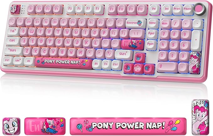 My Little Pony [Official Hasbro Licensed] Wireless Mechanical Keyboard, 101 Keys RGB Gaming Keyboard with Custom Linear Switches & Knob Control, 3-Mode (BT/2.4G/USB-C), Cute Pink Gift for MLP Fans