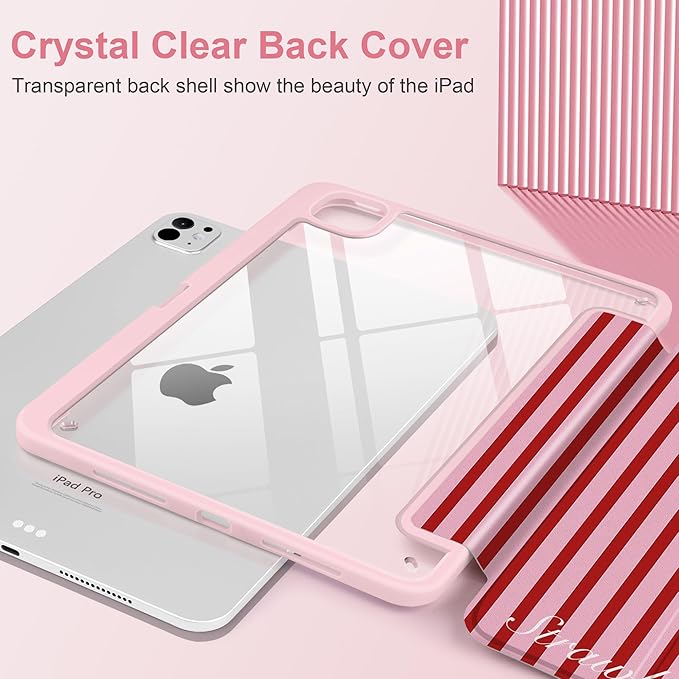 Case for iPad Pro 13 inch (M5) 2025 (M4) 2024 Release Cute Red Pink Striped Trifold Stand Cover with Clear Back Auto Wake Sleep Aesthetic Preppy Design for Girls Women, Stripe