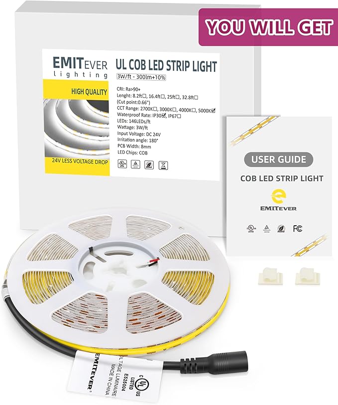 EMITEVER COB LED Strip Lights Cool White 32.8ft, 5000K Ra 90+ Tape Light Premium High Density, 24V, 300+Lumens/ft, 4800LEDs/Spool, 3W/ft, UL Listed 5 Year Warranty (Power Supply Sold Separately)