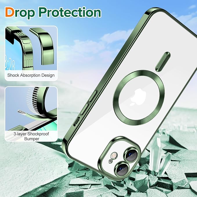 Hython Magnetic Clear for iPhone 11 Case with Camera Lens Protector [Compatible with MagSafe] Luxury Plating Edge Slim Soft TPU Cover Protective Phone Case for iPhone 11 6.1", Deep Green