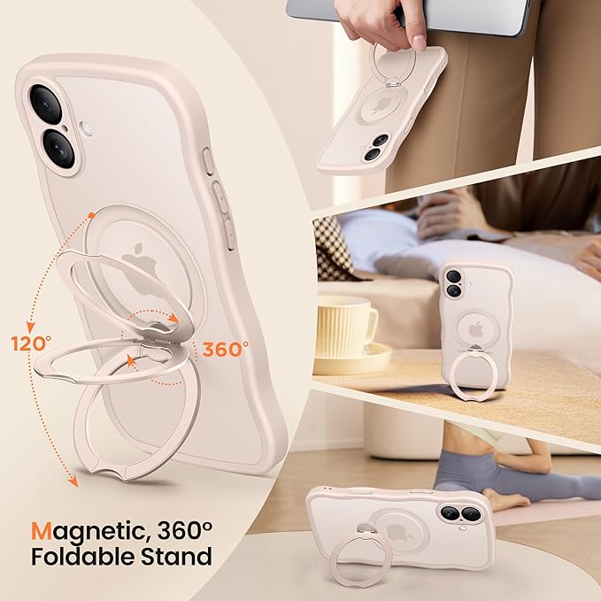 CAPRARO for iPhone 16 Case with 360° Spin Magnetic Stand for Women, [Compatible with MagSafe] [Full Camera Protection] Cute Wave Translucent Matte Case for iPhone 16, Pink Gold