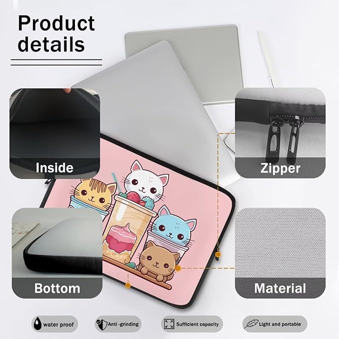 Cute Cat Laptop Sleeve for Women Girls 15 inch Laptop Protector with Multiple Uses Lap Top Case Lightweight Computer Carrying Case Kawaii Tablet Bag for Daughters Pink