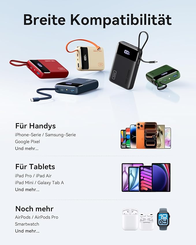 INIU 20000mAh Power Bank, Smaller 45W PD Fast Charging Portable Charger, Battery Pack with Build in USB C Cable, Travel Phone Flight-Safe Powerbank for iPhone 17 16 Samsung S26 Google iPad, White
