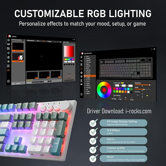 iRocks K74R Wireless RGB Illuminated Mechanical Gaming Keyboard, Hot-Swappable Switches, Easy-to-Clean Floating Design, PBT 107 Keys NKRO, Detachable USB-C Cable - Island Blue (Blue Switches)