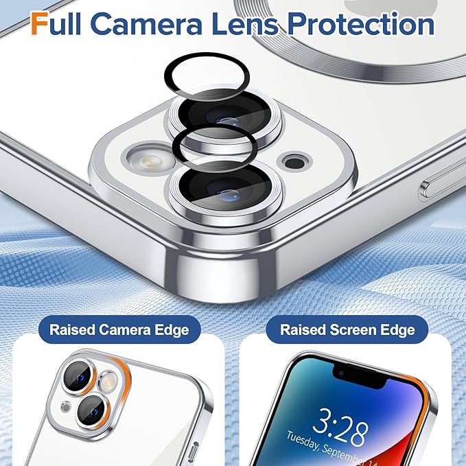 Hython Magnetic Clear for iPhone 14 Case with Camera Lens Protector [Compatible with MagSafe] Luxury Plating Edge Slim Soft TPU Cover Protective Phone Case for iPhone 14 6.1", Silver