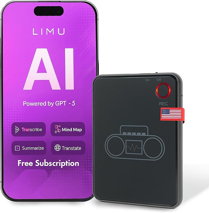 LIMU AI Voice Recorder with App Control - 13h Recording Device, 64GB AI Note Taking Device - GPT 5 Translation, Summaries & Mind Maps (125 Languages), 400 Min/Month, Audio Recorder with Transcription