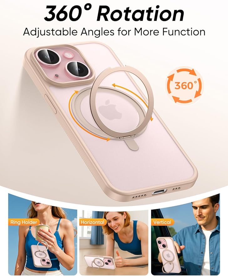 MAGIC JOHN for iPhone 15 Case 360° Rotatable Magnetic Invisible Stand, Fit for MagSafe 15 Phone Case, 16FT Military Grade Shockproof for iPhone Case with Kickstand, Rose Gold