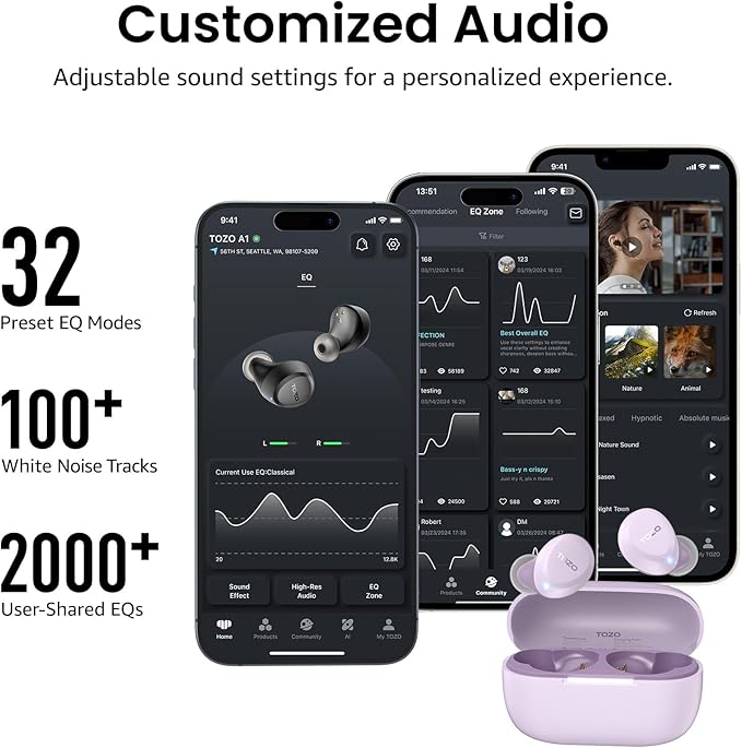 TOZO A1 Wireless Earbuds Bluetooth 5.3 Light Weight in Ear IPX5 Waterproof Headphones 2 Mic for AI Calls, Immersive Premium Sound Bass Headset with Charging Case, 32 Presets EQ Customization via App