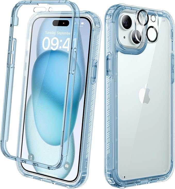 Diaclara Designed for iPhone 15 Case, Full Body Rugged Case with Built-in Touch Sensitive Anti-Scratch Screen Protector, with Camera Lens Protector for iPhone 15 6.1" (Clear Blue)