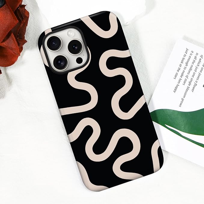 Magnetic for iPhone 15 Pro Case Cute Curved Stripes Phone Case, Shockproof Slim TPU and Hard PC Protective Phone Cover Compatible with MagSafe Designed for Women Girls,Black