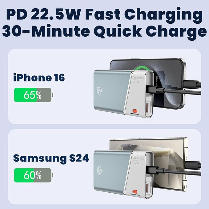 Aaoyun Portable Charger Power Bank, 20000mAh 22.5W PD Fast Charging Powerbank with Built-in USB C Cable, External Phone Battery Pack for iPhone 17/16/15 Samsung S24 Android etc