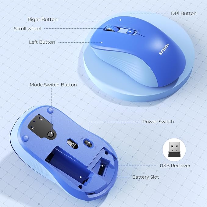 seenda Bluetooth Wireless Mouse, Bluetooth & 2.4G USB Dual Mode, Quiet Clicks, 1600 DPI Smooth Tracking, Ergonomic Design, 24-Months Battery Life, Portable Mouse for Laptop/Mac/Ipad/PC/Tablet-Blue