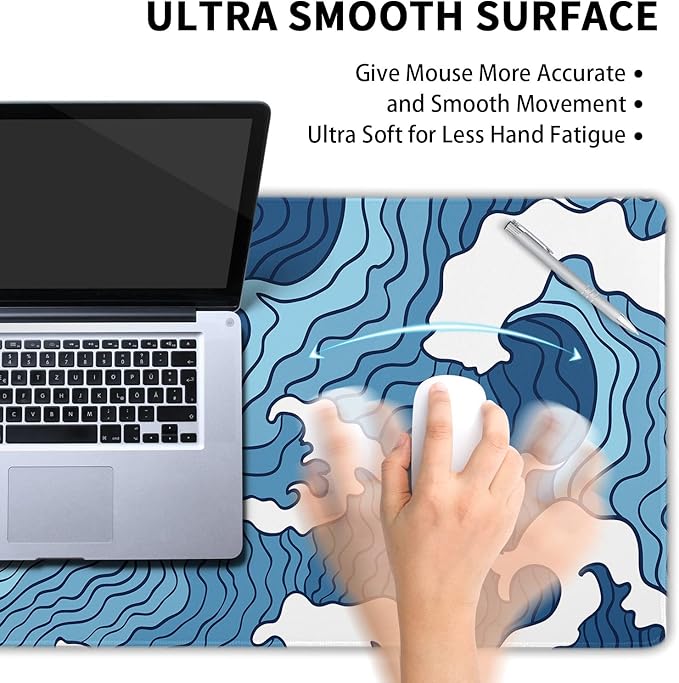 Japanese Blue and White Wave Gaming Mouse Pad XXL Anime Sea Texture Extended Large Desk Mat Big Mousepad Non-Slip Rubber Base Stitched Edge Long Mousepad for Desktop PC Computer Gamer, 35.4 x 15.7 in