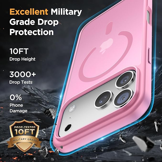 Miracase Magnetic for 17 Pro Case 6.3" with Screen Protector, [Compatible with MagSafe] Military-Grade Protection, Anti-Fingerprint, Slim Thin Phone Case for 17 Pro Cover, Mes Pink