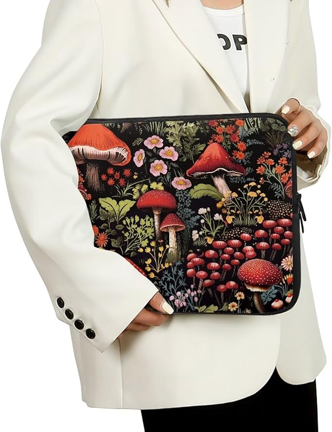 Mushroom Laptop Protective Sleeve for Women Men 10 inch Flower Computer Sleeve Neoprene Laptop Bag Lightweight Lap Top Case Suitable for Travel School Office Organizers Black