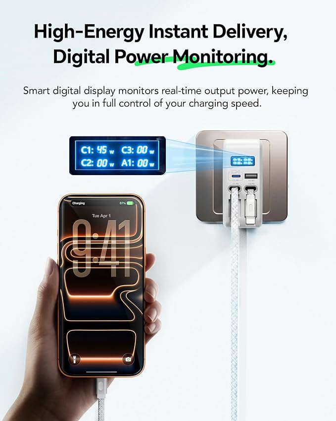 Retractable Wall Charger, 67W Fast Charging with Digital Display, Dual Built-in Retractable Cables (3.3ft), 4-in-1 Travel Plug for iPhone 17/16, MacBook, Galaxy S26