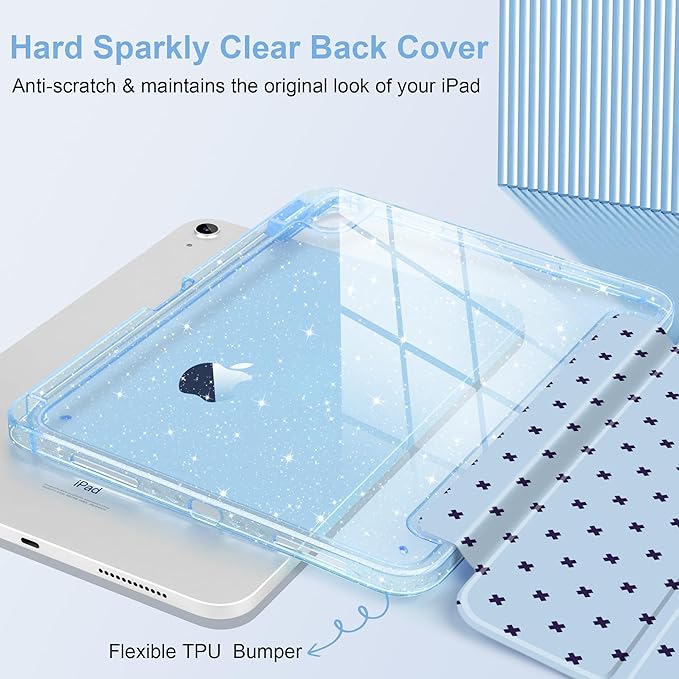 DONGKE for iPad Pro 11 inch Case – Fits M5 2025 / M4 2024, Shockproof Sparkling Glitter Acrylic Back, Pencil Holder, Trifold Stand, Auto Sleep/Wake & Touch ID Support - Blue Cross Dot