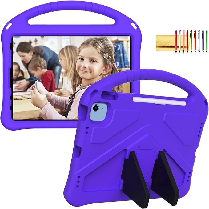 Kids Case for iPad A16 11th/10th Generation 2022/2025 11-Inch iPad Cover with Pencil Holder, Techcircle Lightweight Shockproof EVA Foam Rugged Handle Stand Anti-Slip Grip Protective Case, Purple