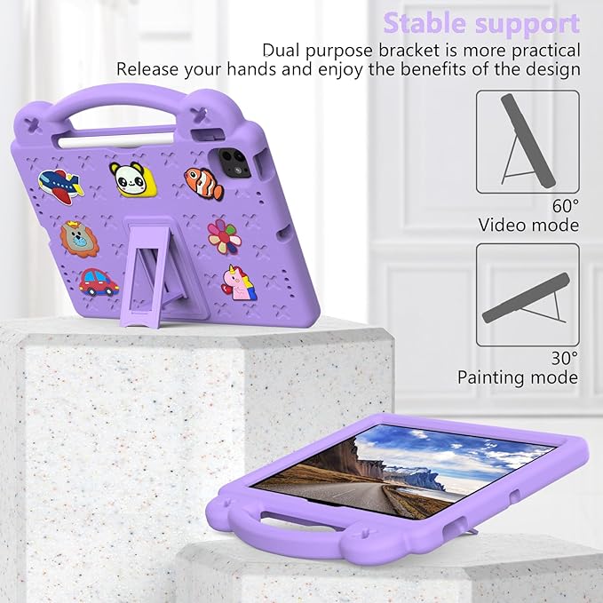 Dteck Case for iPad Air 5th/4th Gen 10.9" 2022/2020,iPad Pro 11" 4th/3rd/2nd/1st Gen,Cartoon Panda Shockproof Rugged Lightweight Convertible Handles Stand Kid Friendly Pencil Holder Case,Light Purple