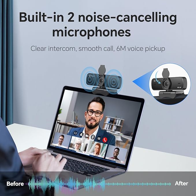4K Webcam for PC with Dual Microphones, Autofocus USB Camera with Privacy Cover and Auto Light Correction, Plug and Play for Laptop, Mac, Zoom, Teams, Video Calls and Streaming