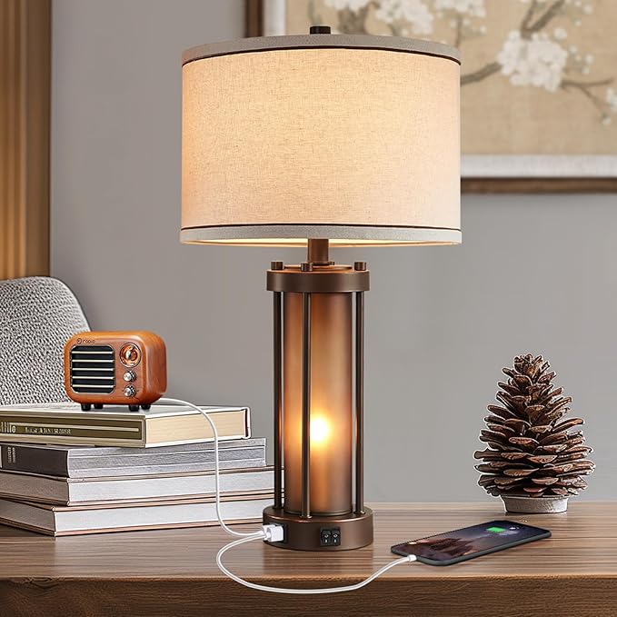 RORIA Farmhouse Table Lamps for Living Room with 2 USB Charging Ports, Vintage Rustic Nightstand Lamp with Amber Glass Nightlight, Retro Desk Lamp for Bedroom Entryway, 2 Bulbs Included