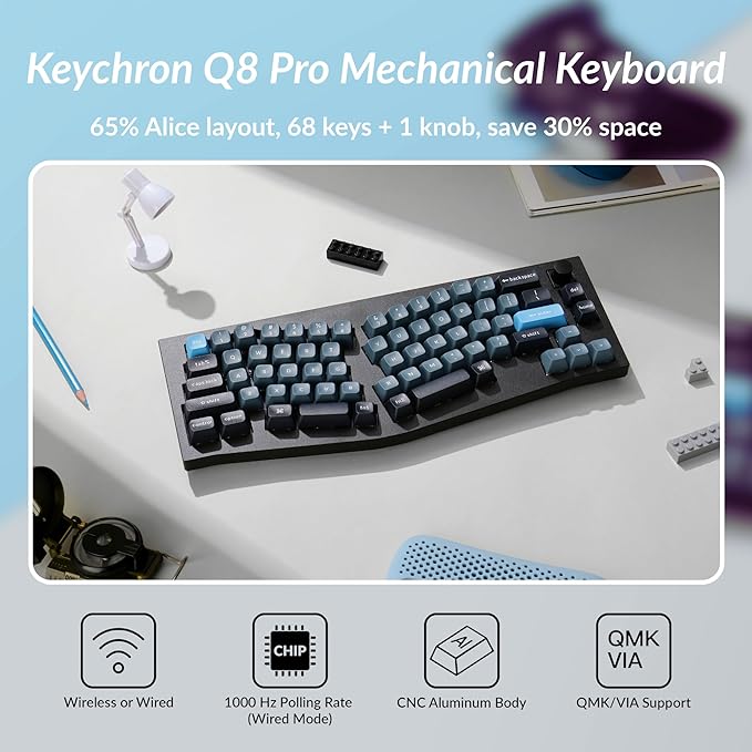Keychron Q8 Pro QMK/VIA Programmable Wireless Custom Mechanical Keyboard, 65% Alice Layout Bluetooth/Wired, Hot Swappable, Ergonomic, Aluminum, RGB Backlit for Mac Windows Linux-Black