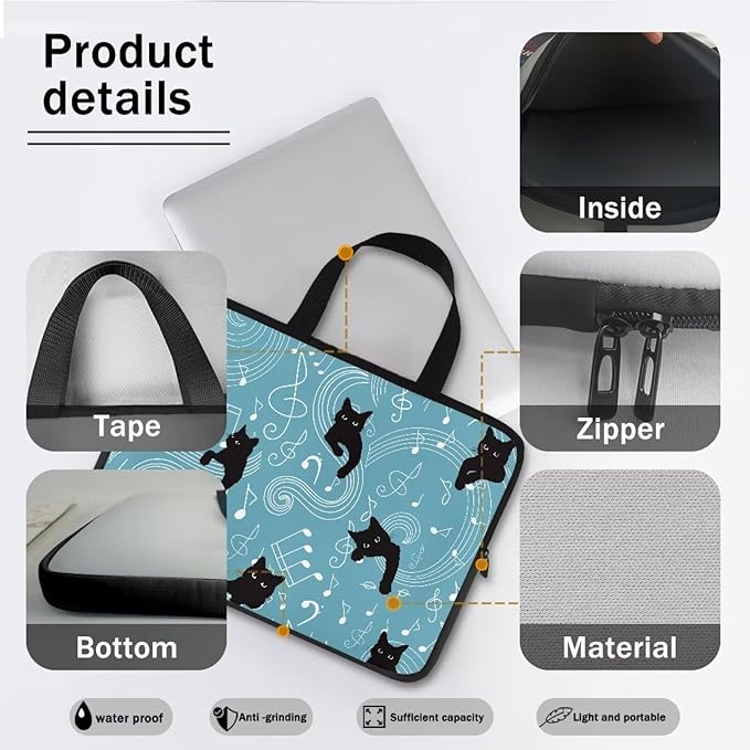 10 Inch Laptop Sleeve, Music Note Black Cats Laptop Cover Computer Bag Tablet Carrying Case with Handle, Durable Tote Bags Notebook Case Handbag Briefcase Shoulder Bag for Business/School