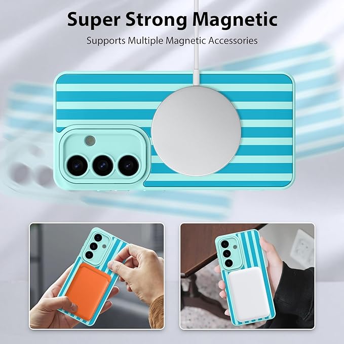 KANGHAR Compatible with Samsung Galaxy S26 Case, Support for MagSafe, Silicone Stripes Cute Pattern, Wristband Kickstand Camera Protection Soft Slim Cover for Girls Women -Blue