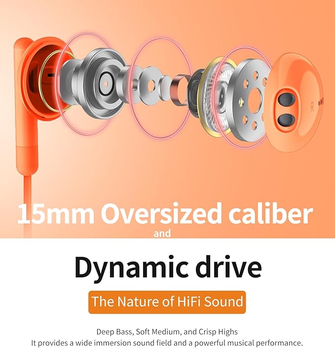 Kimwood Wired Earbuds with Microphone, Wired Earphones in-Ear Headphones HiFi Stereo, Powerful Bass and Crystal Clear Audio, Compatible with iPhone, Android, Computer Most with 3.5mm Jack(Orange)