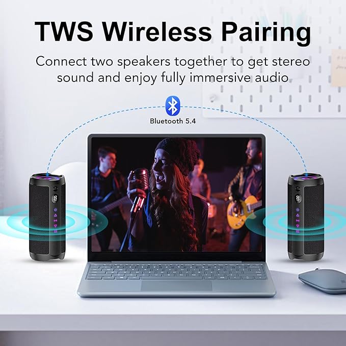 Coioc Portable Bluetooth Speaker, Bluetooth 5.4 Speaker, Dual Speaker with LED Display, Deep Bass,30H Playtime, Colorful RGB Lights,IPX7 Waterproof,TWS pairing for Outdoor/Home/Party/Travel,Gift Ideas