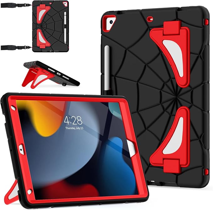 DreamerX Case for iPad 9th Generation (2021) / 8th Generation (2020) / 7th Gen (2019) 10.2 Inch, Cute Fully-Body Rugged Heavy Duty Shockproof Protective Cover with Stand Strap for Kids Boys, Black/Red