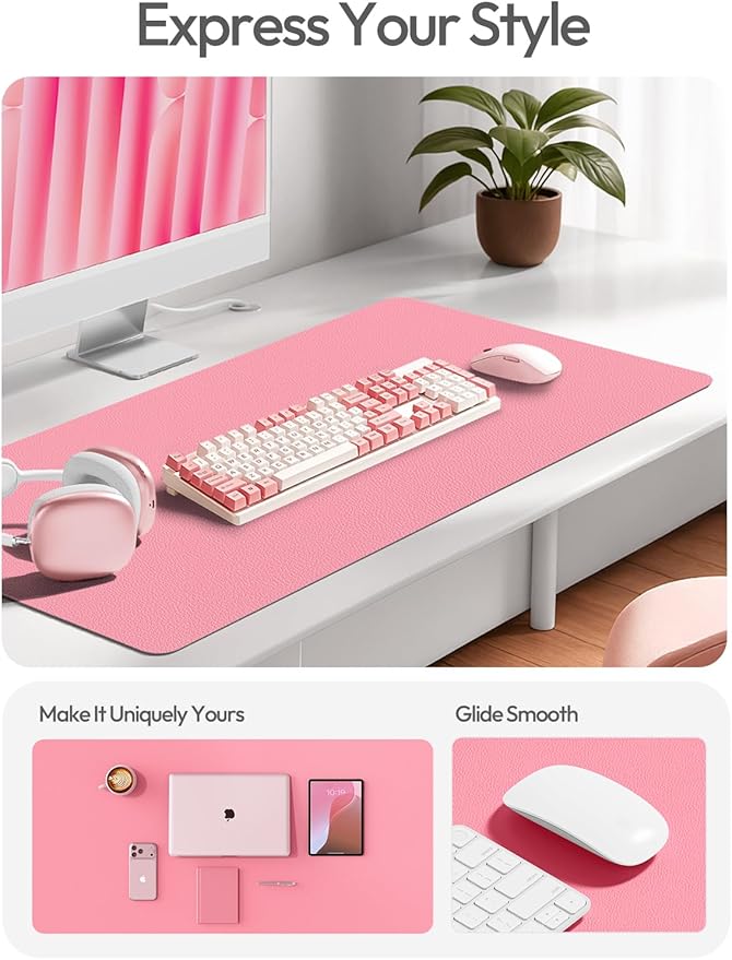 YSAGi Leather Desk Protector, Office Mat, Large Mouse Mat, Non-Slip PU Leather Blotter, Laptop Desk, Waterproof Writing Pad for Office and Home (Pink, 31.5" x 15.8")