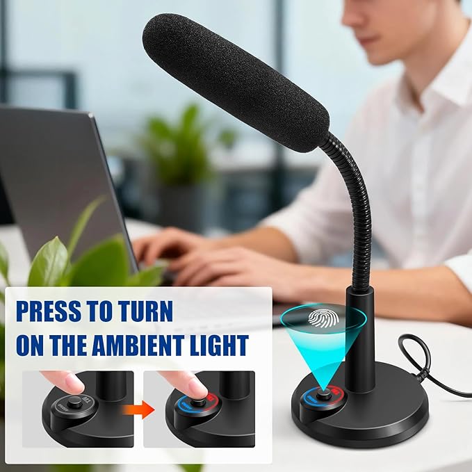 RGB USB Condenser Microphone, Plug & Play Desktop PC Mic with Mute Button, Flexible Gooseneck for PC, Mac, PS5, Gaming, Streaming, Zoom, Discord (1.5m Cable)