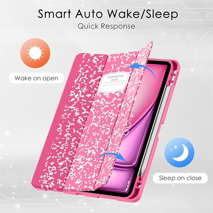 Soke Case for New iPad Air 11 Inch (M4/M3/M2, 2026-2024), iPad Air 5th/4th Generation 10.9 Inch (2020-2022) with Pencil Holder, Soft TPU Back Cover & Auto Sleep/Wake, Book Hot Pink