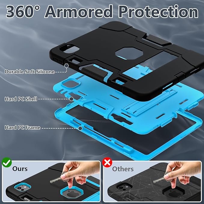 TSQQST for iPad Pro 11 Inch Case M4 5th Generation 2024, iPad Pro 11 Case with Pencil Holder+Stand, Full-Body Protective Rugged Shockproof Cover for iPad Pro 11 Inch 5th Gen, Black Blue