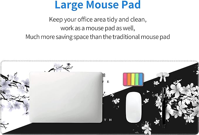 Black White Cherry Blossom Mouse Pad Japanese Sakura Death Life Flower Extended Desk Mat 80X30 cm Non-Slip Rubber Base Stitched Edge Large XL Playmat for Keyboard Gaming Laptop Desktop,31.5×11.8 Inch