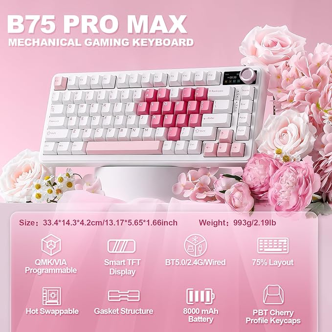 YUNZII B75 PRO MAX QMK/VIA Wireless Mechanical Keyboard,75% Layout with Screen and Knob,Hot Swap Gasket,Creamy Pre-lubed Switches,Bluetooth/Type-C/2.4G for Win/Mac(White Heart,Cocoa Cream V2 Switch)
