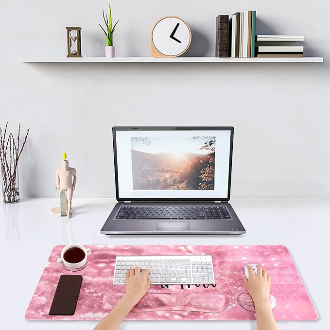 DINKY Keyboard Mouse Pad Set, Large Gaming Mousepad + Memory Foam Ergonomic Keyboard Wrist Rest Support, Easy Typing Pain Relief, 4Pcs (35.4" x 15.7") Extended Desk Mat -Pink Glitter Letters
