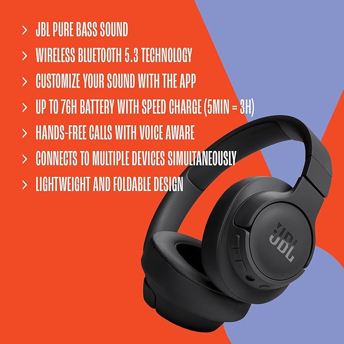 JBL Tune 720BT - Wireless Over-Ear Headphones with JBL Pure Bass Sound, Bluetooth 5.3, Up to 76H Battery Life and Speed Charge, Lightweight, Comfortable and Foldable Design (White)