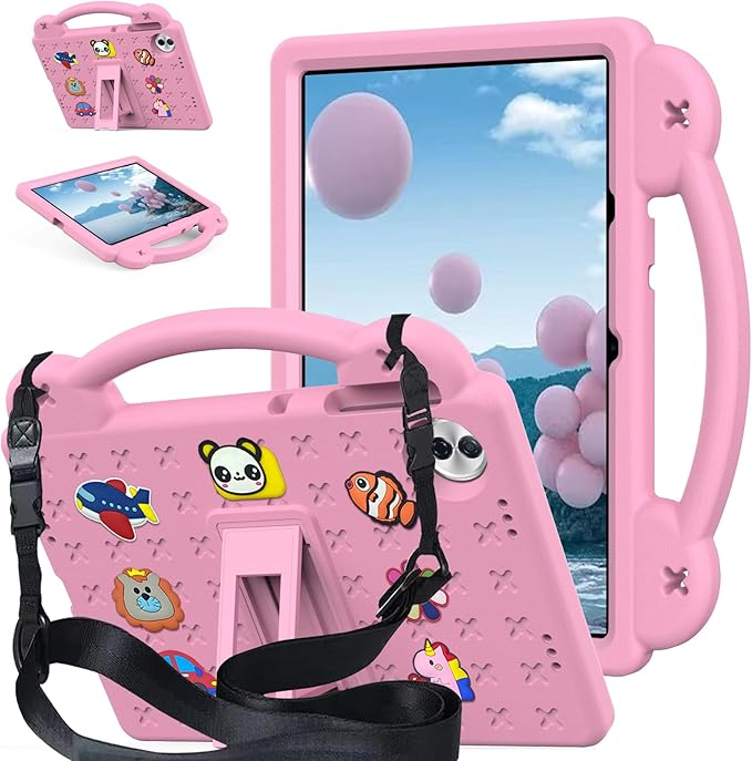 AKABEILA Compatible with Honor Pad 10 2025 12.1 inch Tablet Case, Kids Friendly Universal Lightweight Shockproof Protective Case with Shoulder Strap & Stand Handle Pink