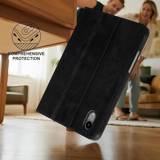 Gexmil Leather Case for iPad mini 7 (A17 Pro) 2024 / iPad mini 6 Generation 2021 8.3 Inch,Premium Cowhide Cover with Pencil Holder,Adjustable Stand, Auto Wake/Sleep,Sanded Black