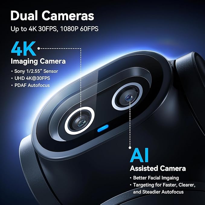 EMEET PIXY Dual-Camera AI-Powered PTZ Camera 4K with Tripod, AI Tracking, PDAF&AI Autofocus 0.2s, 1/2.55'' Sony Sensor, 3 Mics, Presets, 4K Webcam for Streaming, OBS/Twitch/Switch 2 Compatible
