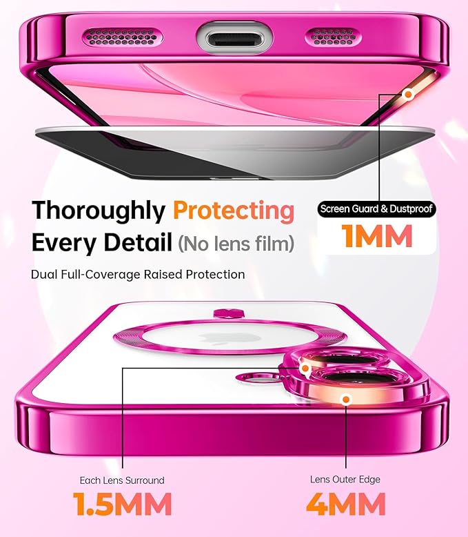 Meifigno Designed for iPhone 16 Plus Case 6.7’’, [Compatible with MagSafe] [1X HD+1X Privacy Screen Protectors] [Glitter Card & Wrist Strap] Surround Lens Protection for iPhone 16 Plus Case, Hot Pink