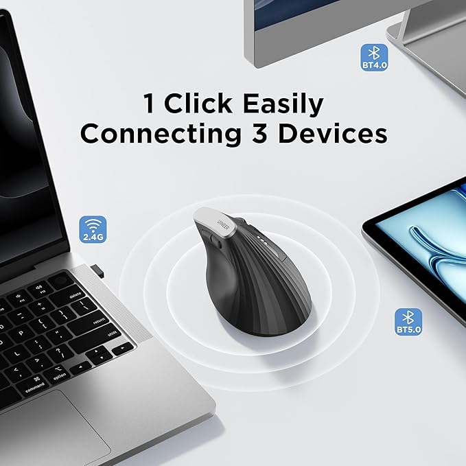 Uineer Wireless Ergonomic Mouse, Bluetooth Mice (BT4.0/5.0 and 2.4G) Rechargeable Vertical Mouse, 3 Multi-Device Connectivity for PC/Mac/Laptop/Computer, 4 DPI Quiet Clicks for Office, Home-Black