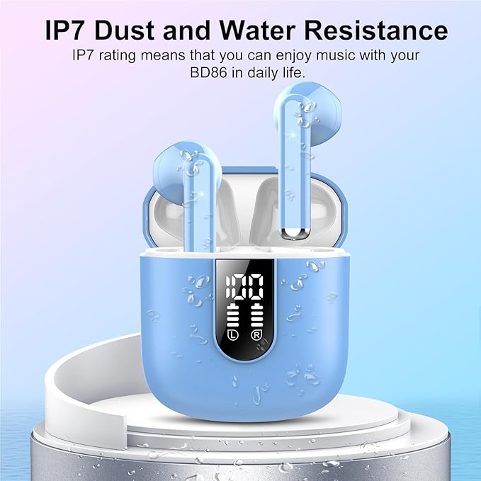 Wireless Earbuds, Bluetooth 5.4 Headphones HiFi Stereo, Bluetooth Earbuds with ENC Noise Cancelling Mic, 36H LED Display Ear Buds, IPX7 in Ear Earphones for Phone Tablet Laptop Sports, Hellblau