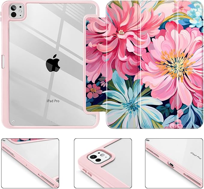 May Chen Case for iPad Pro 11-Inch M5/M4 2025/2024 (6th/5th Generation), Clear Transparent Print Back Shell Slim Stand Shockproof Tablet Cover, Auto Wake/Sleep, Flowers Painting