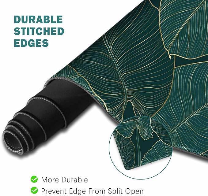 ToLuLu Extended Gaming Mouse Pad, Memory Foam Ergonomic Keyboard Mouse Wrist Rest Support Set, Large Desk Mat with Stitched Edges, Non-Slip Base Mousepad for Home Office Game, Green Golden Leaves
