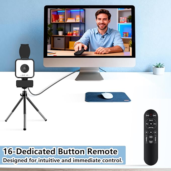 4K USB Webcam with Dual Microphones, 9X Hybrid Zoom, Auto Light Correction, 86° Wide Angle for Video Conferencing, Live Streaming, Remote Work, Compatible with PC Desktop Laptop