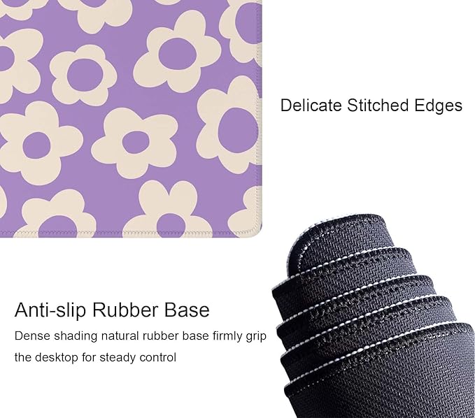 Gaming Large Mouse Pad with Stitched Edges, Vintage Groovy Flowers Purple Desk Mat, Extended Keyboard Pad, Non-Slip Rubber Base Desk Pad for Keyboard and Mouse, 31.5X11.8 inch