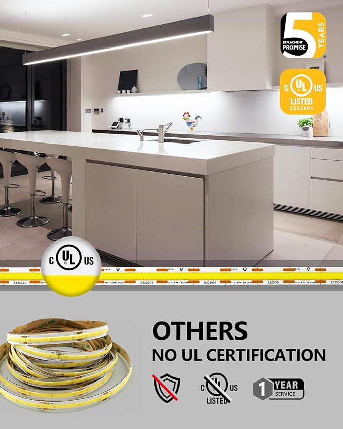EMITEVER COB LED Strip Lights Cool White 32.8ft, 5000K Ra 90+ Tape Light Premium High Density, 24V, 300+Lumens/ft, 4800LEDs/Spool, 3W/ft, UL Listed 5 Year Warranty (Power Supply Sold Separately)